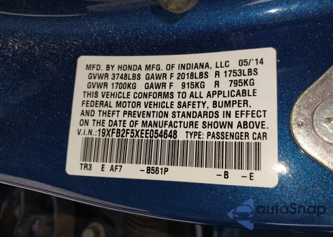 2014 Honda Civic Lx z USA, uszkodzony, nr VIN 19XFB2F5XEE054648